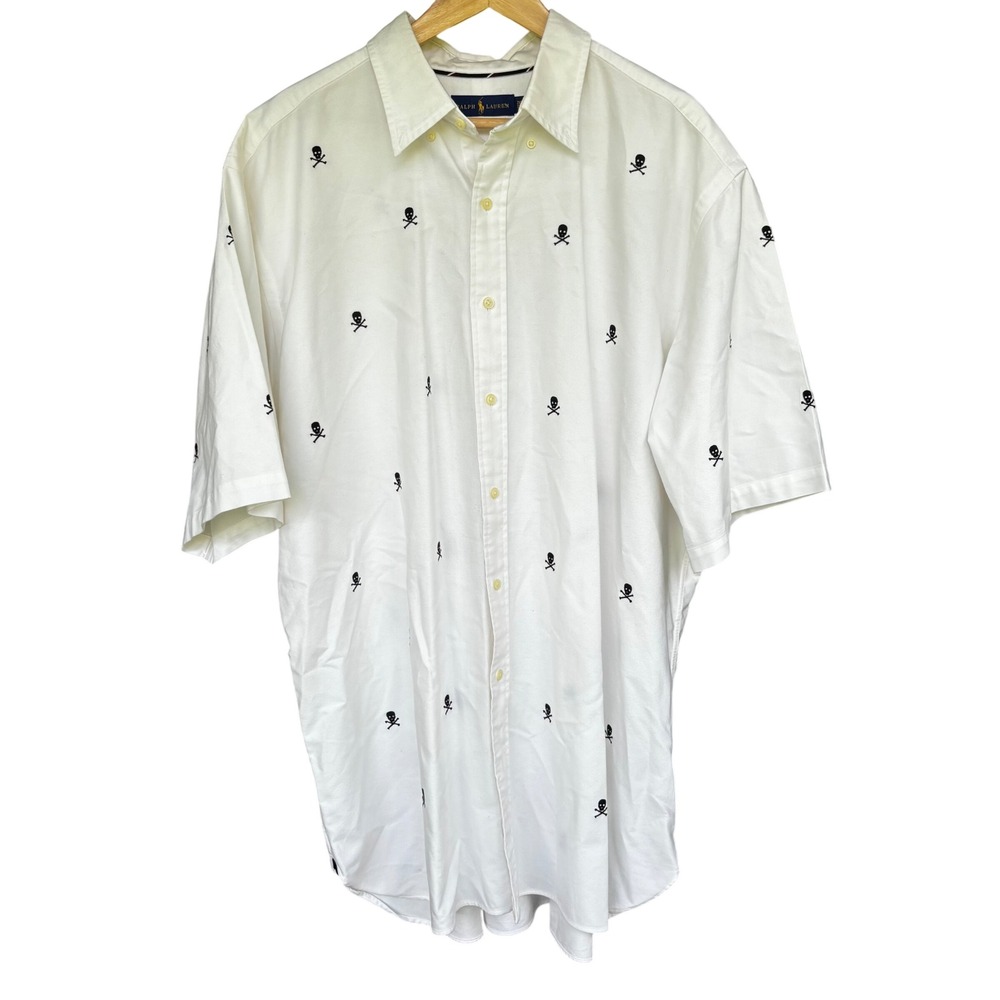 Ralph Lauren Men's XXL TALL Embroidered Skull Crossbones Button Shirt White 2XLT
